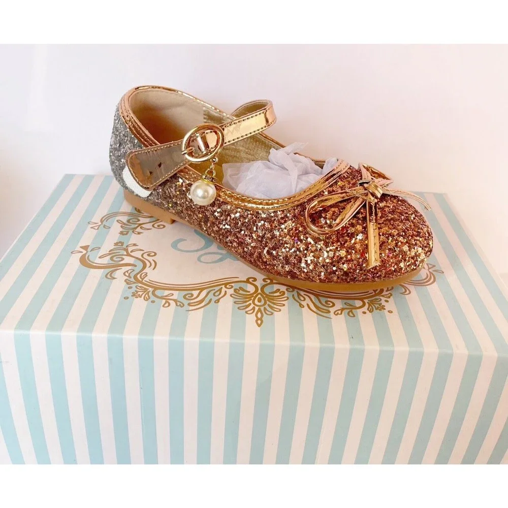 Girls Kids Flat Dress Shoes Size 9 Golden Shiny Princess Wedding Party Beaded